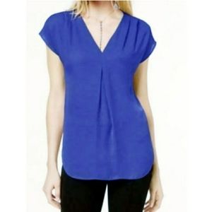 INC International Concepts Inverted-Pleat V-Neck Blue Blouse